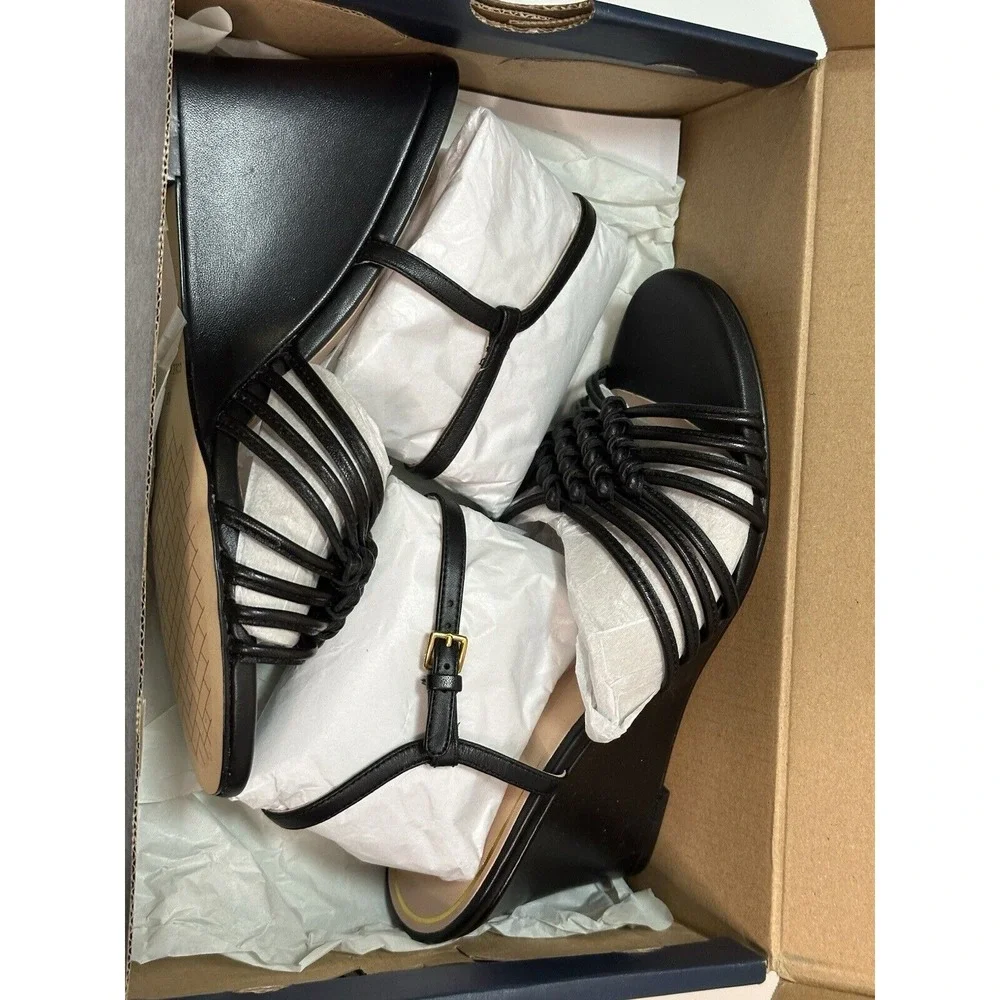 Cole Haan, Jitney Knot Wedge Sandals, Black Leather, Size‎ 8B
